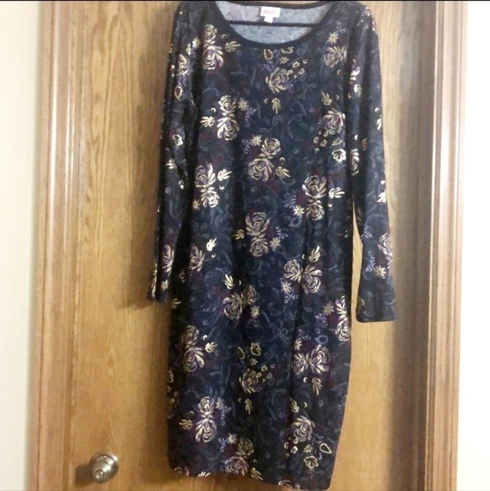 LulaRoe Elegant Debbie Dress Size XS Black Floral Gold Foil Accents Shimmery EUC